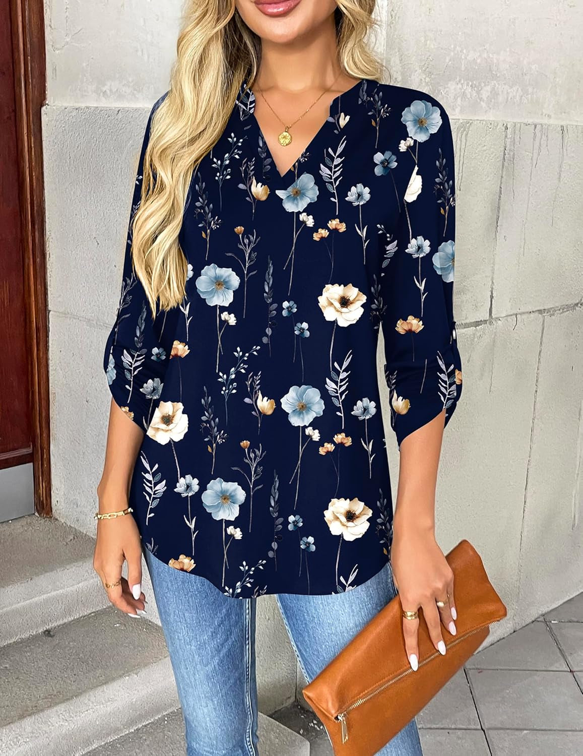 Womens Roll up Long Sleeve Tops V Neck Shirts Dressy Casual Work Blouses S-2XL