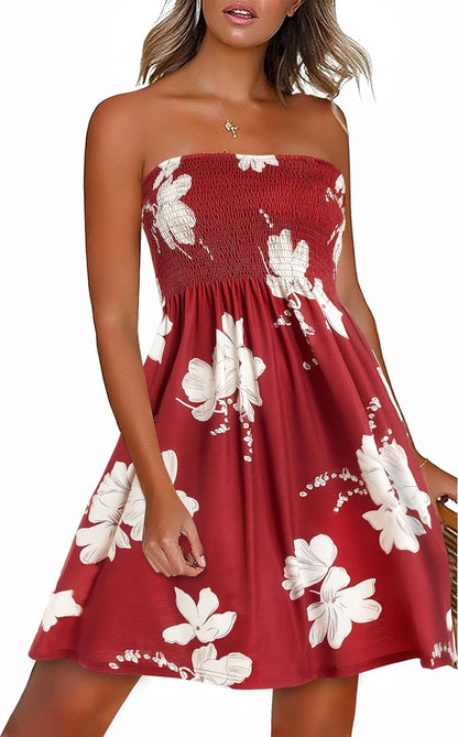 Summer Dresses for Women Beach Cover Ups Strapless Boho Floral Print Sundress