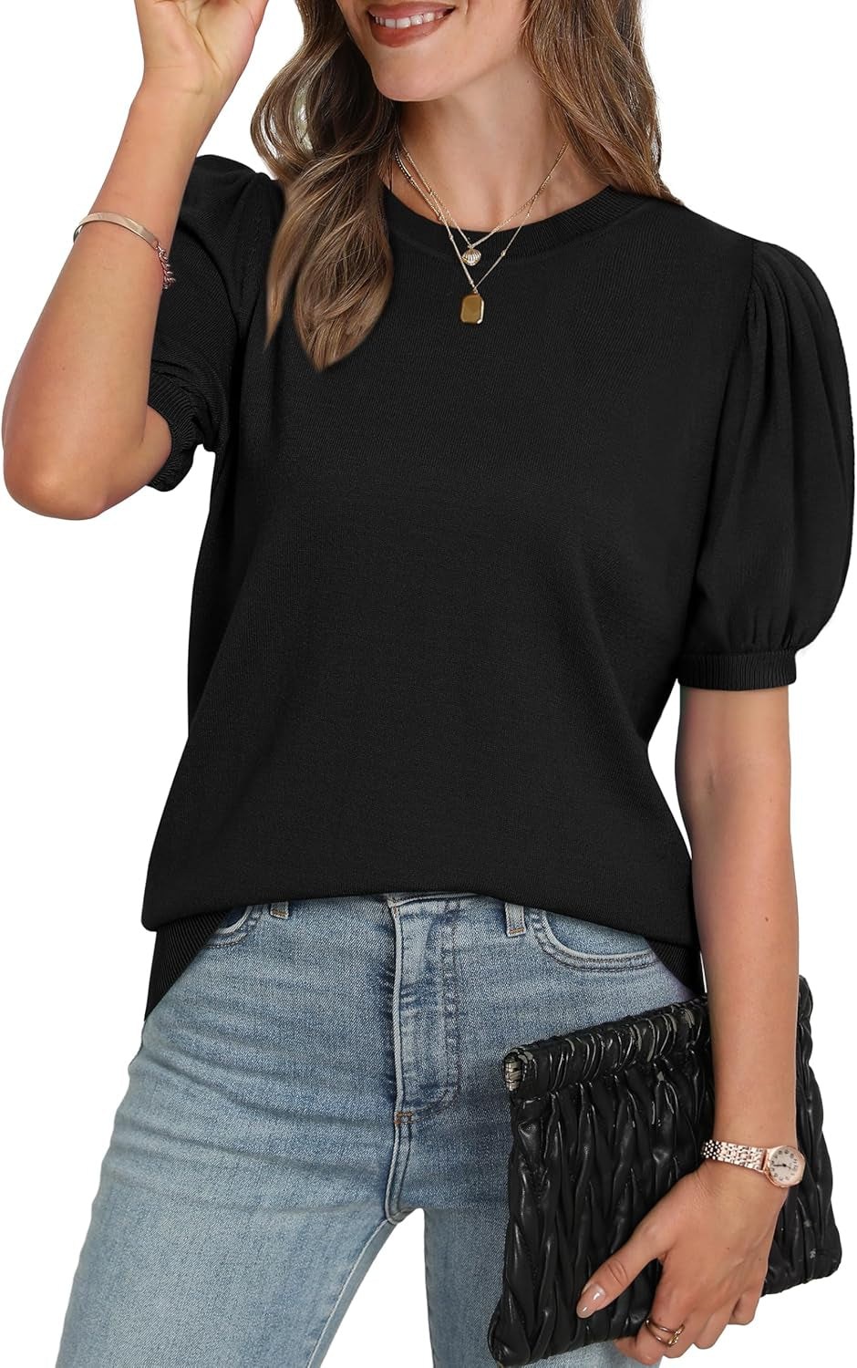 Women'S Puff Short Sleeve Sweater 2025 Spring Summer Tops Trendy Business Casual Outfits Work Blouses Clothes