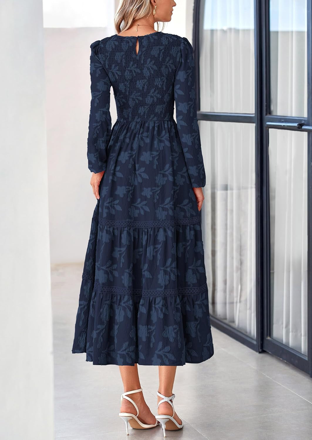 Long Sleeve Dress for Women 2025 Fall Elegant Modest Floral Boho Smocked Flowy Wedding Guest Midi Dresses