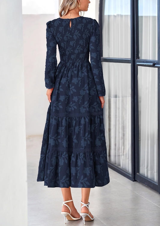 Long Sleeve Dress for Women 2025 Fall Elegant Modest Floral Boho Smocked Flowy Wedding Guest Midi Dresses