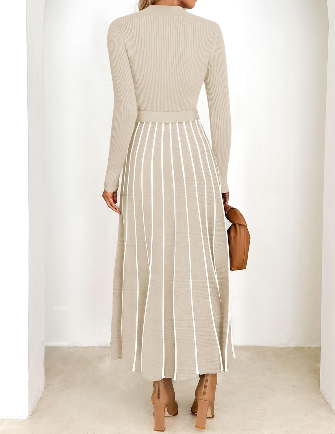 Womens 2025 Fall Turtleneck Long Sleeve Sweater Dress Tie Waist Casual Loose Ribbed Knit a Line Midi Dresses