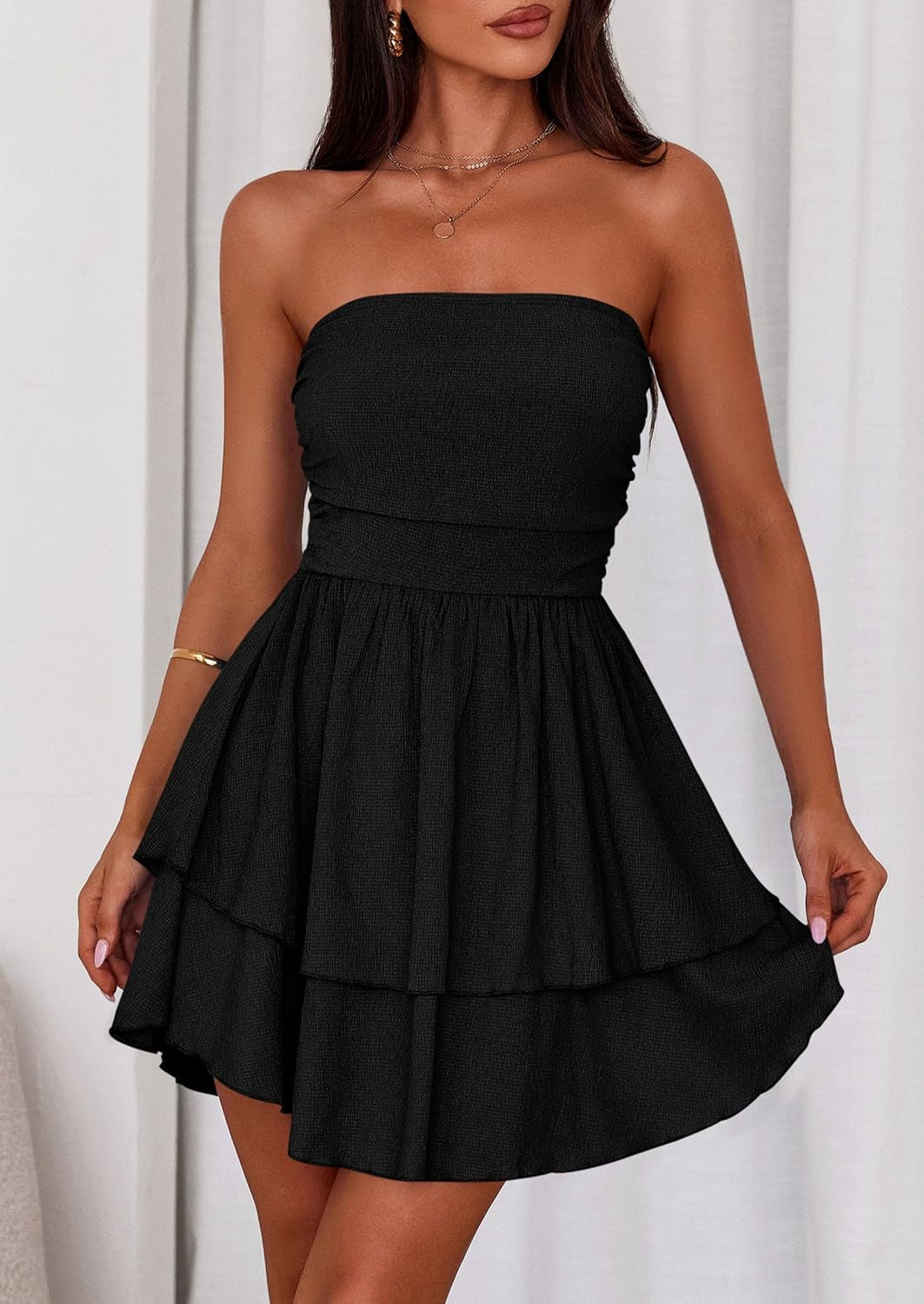 Women'S 2025 Summer Strapless Tube Mini Dress off Shoulder Smocked Ruffle a Line Flowy Short Party Club Dresses