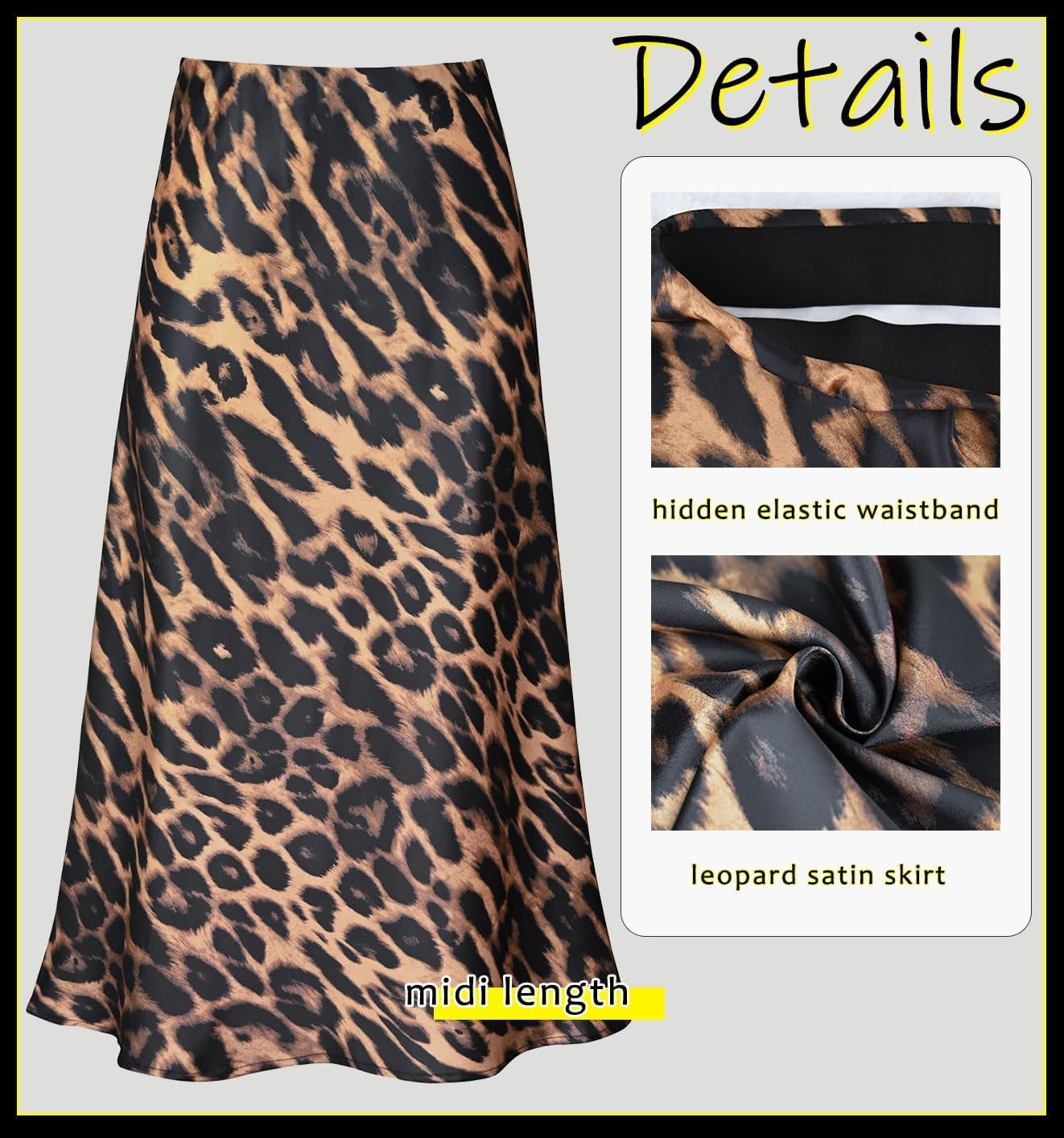 Women'S Silk Satin Midi Skirt Elastic High Waisted A-Line Cheetah Print Leopard Long Skirts for Women Trendy