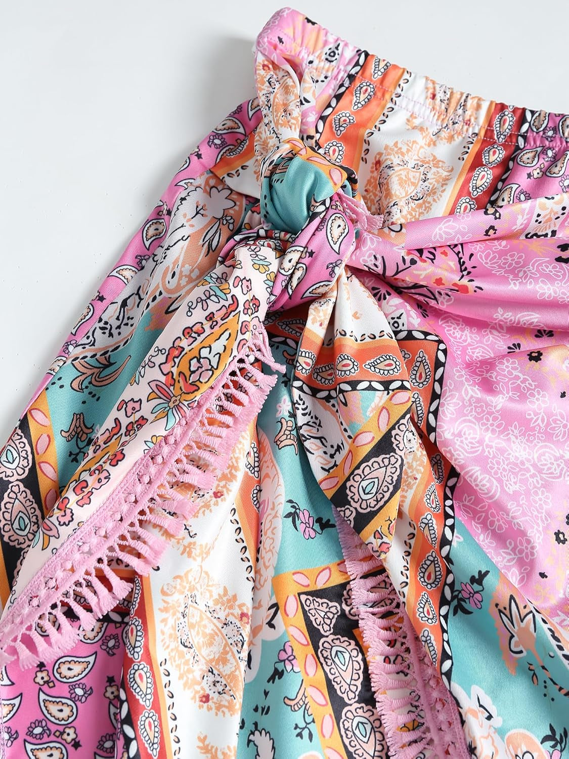 Slit Skirt for Women Boho Print Tie Side Wrap Tassel Casual Beach Mini Skirt