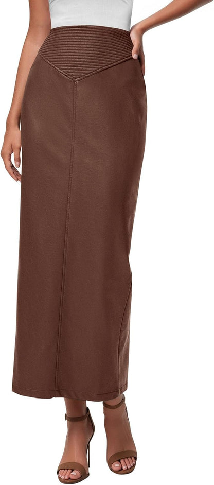 Long Skirts for Women 2025 Fall Fashion Clothing Faux Leather High Waist Dressy Casual Slit Pencil Maxi Skirt