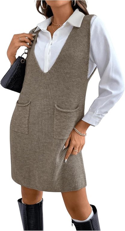 Women'S Casual Sweater Dress V Neck Sleeveless Knit Short Sweater Dresses with Pocket