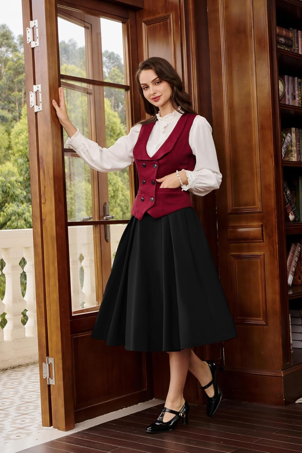 Women'S Vintage High Waist Pleated Midi A-Line Skirt with Pockets