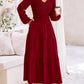 Fall Dresses for Women 2025 Casual Long Sleeve V Neck Smocked a Line Long Flowy Wedding Guest Dress