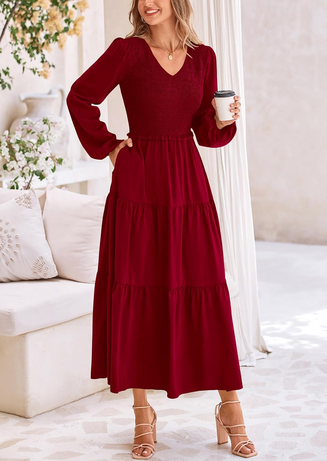 Fall Dresses for Women 2025 Casual Long Sleeve V Neck Smocked a Line Long Flowy Wedding Guest Dress