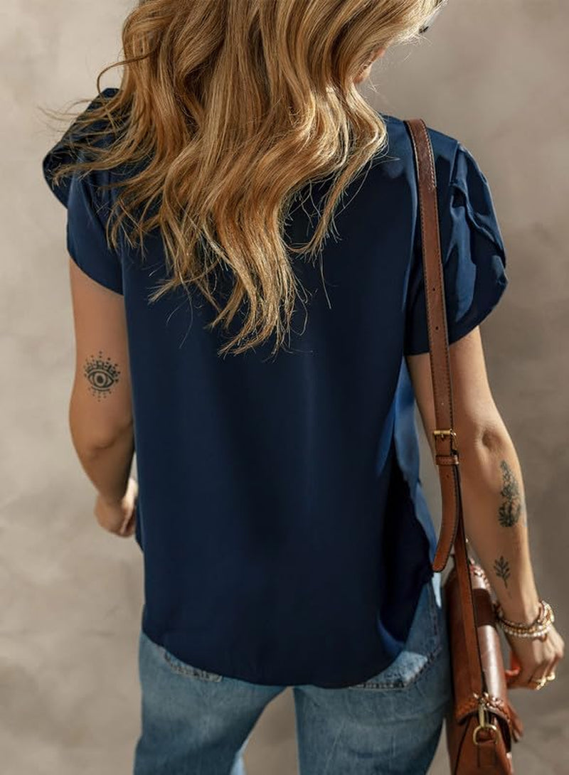 Women'S Casual round Neck Basic Pleated Tops Short Sleeve Loose Fit Curved Keyhole Back Chiffon Blouses Tshirts