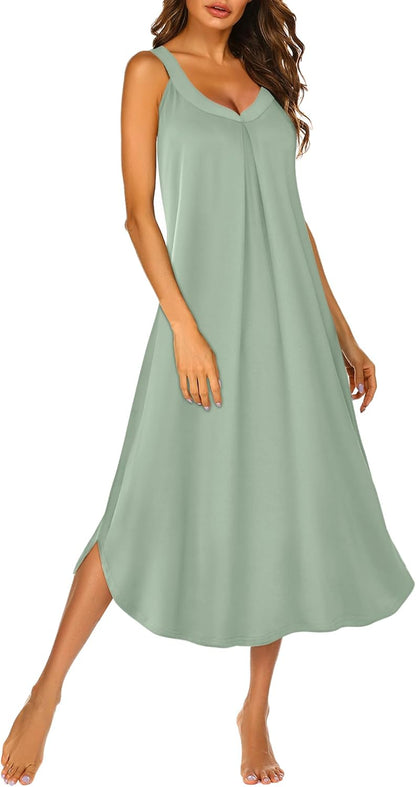 Sleeveless Nightgowns for Women Long Night Gown Pleated Full Length Sleepwear Tank Sleep Dress Slit Dress S-2XL