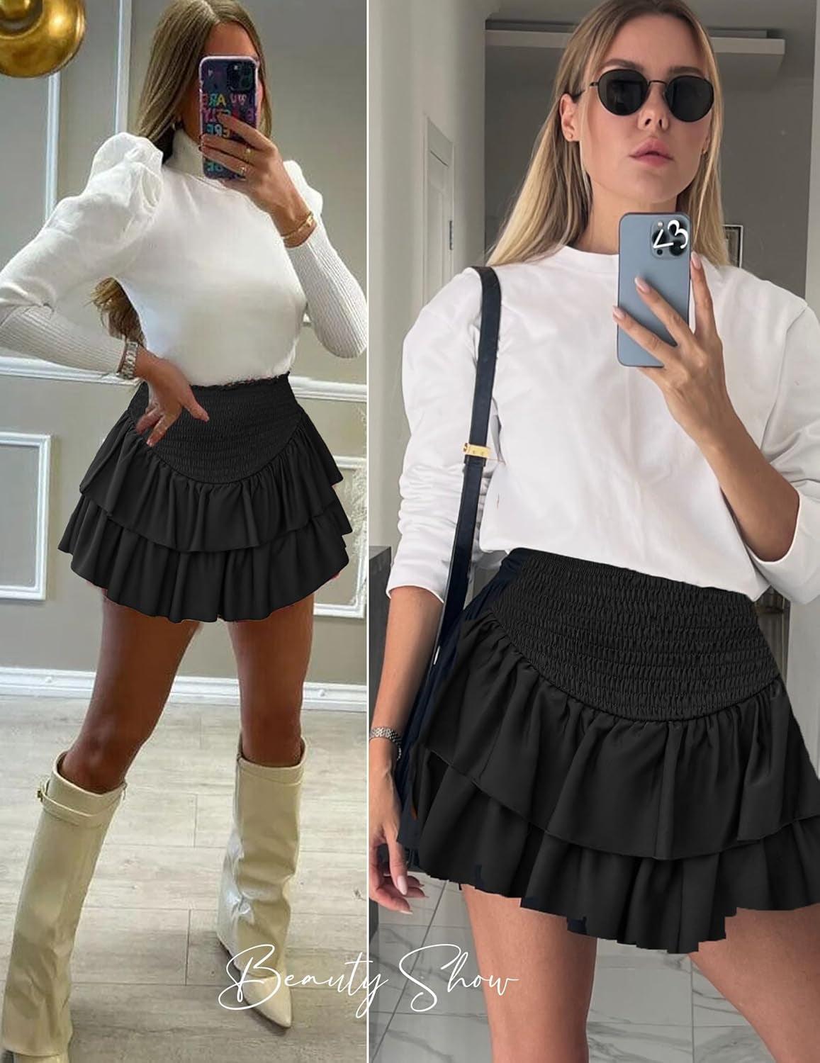Womens High Waist Ruffle Flowy Mini Skirts Casual Boho Layered Pleated Beach Short Skirt