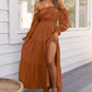 Women'S 2025 Boho Sexy off Shoulder Long Sleeve Smocked High Waist Side Split Flowy a Line Tiered Long Maxi Dress