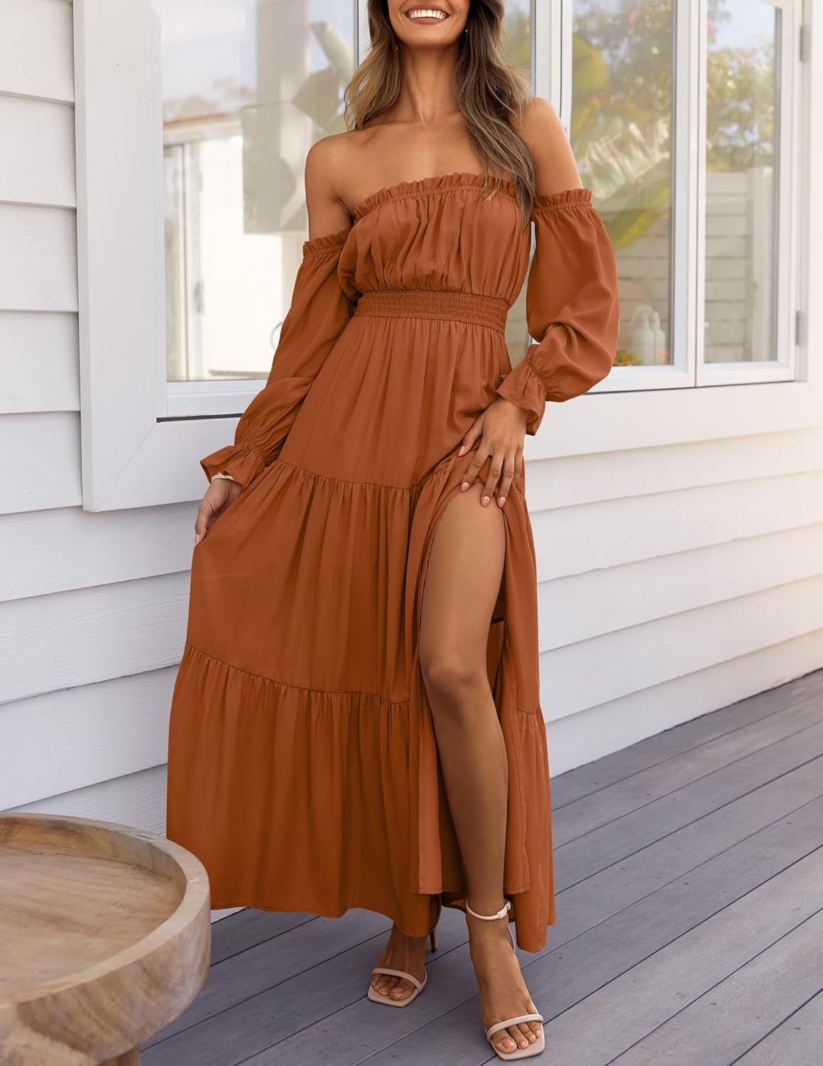 Women'S 2025 Boho Sexy off Shoulder Long Sleeve Smocked High Waist Side Split Flowy a Line Tiered Long Maxi Dress