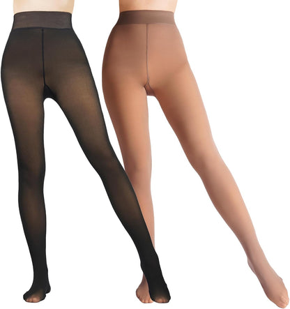 2 Pairs Women Fleece Lined Tights-Fake Translucent Leggings High Waist Pantyhose Sheer Thick Warm Tights for Women