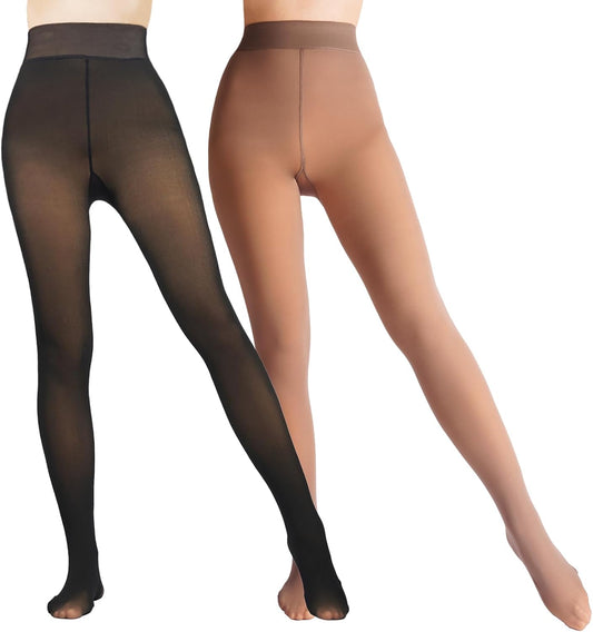 2 Pairs Women Fleece Lined Tights-Fake Translucent Leggings High Waist Pantyhose Sheer Thick Warm Tights for Women