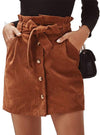 Women Paperbag High Waist Elastic Belted Corduroy Button Front with Pockets Short Mini Skirt