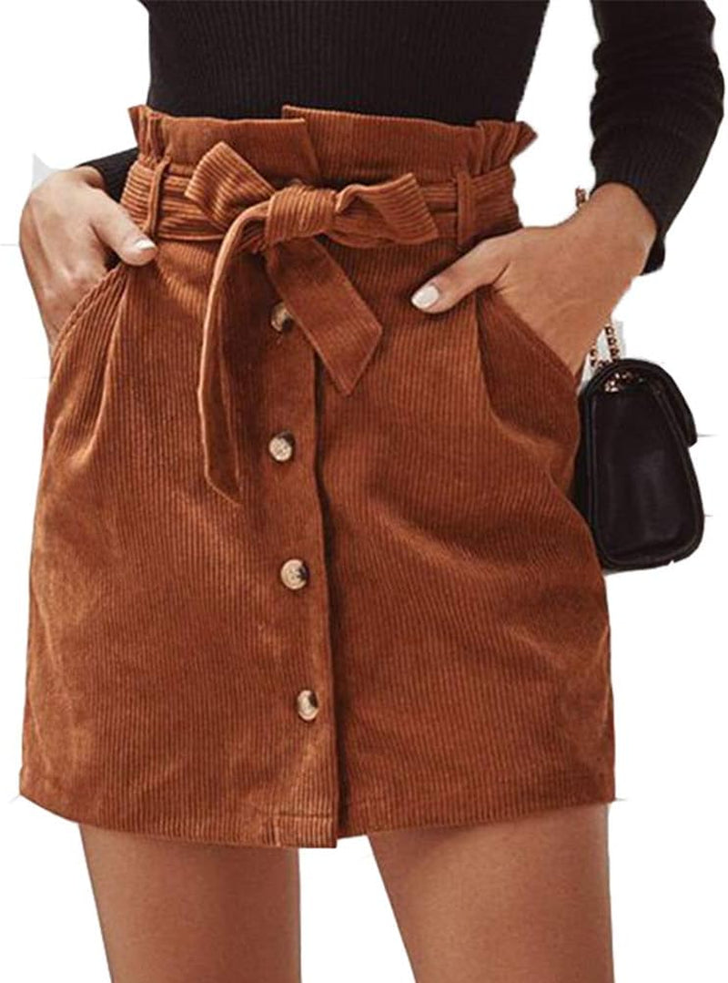 Women Paperbag High Waist Elastic Belted Corduroy Button Front with Pockets Short Mini Skirt