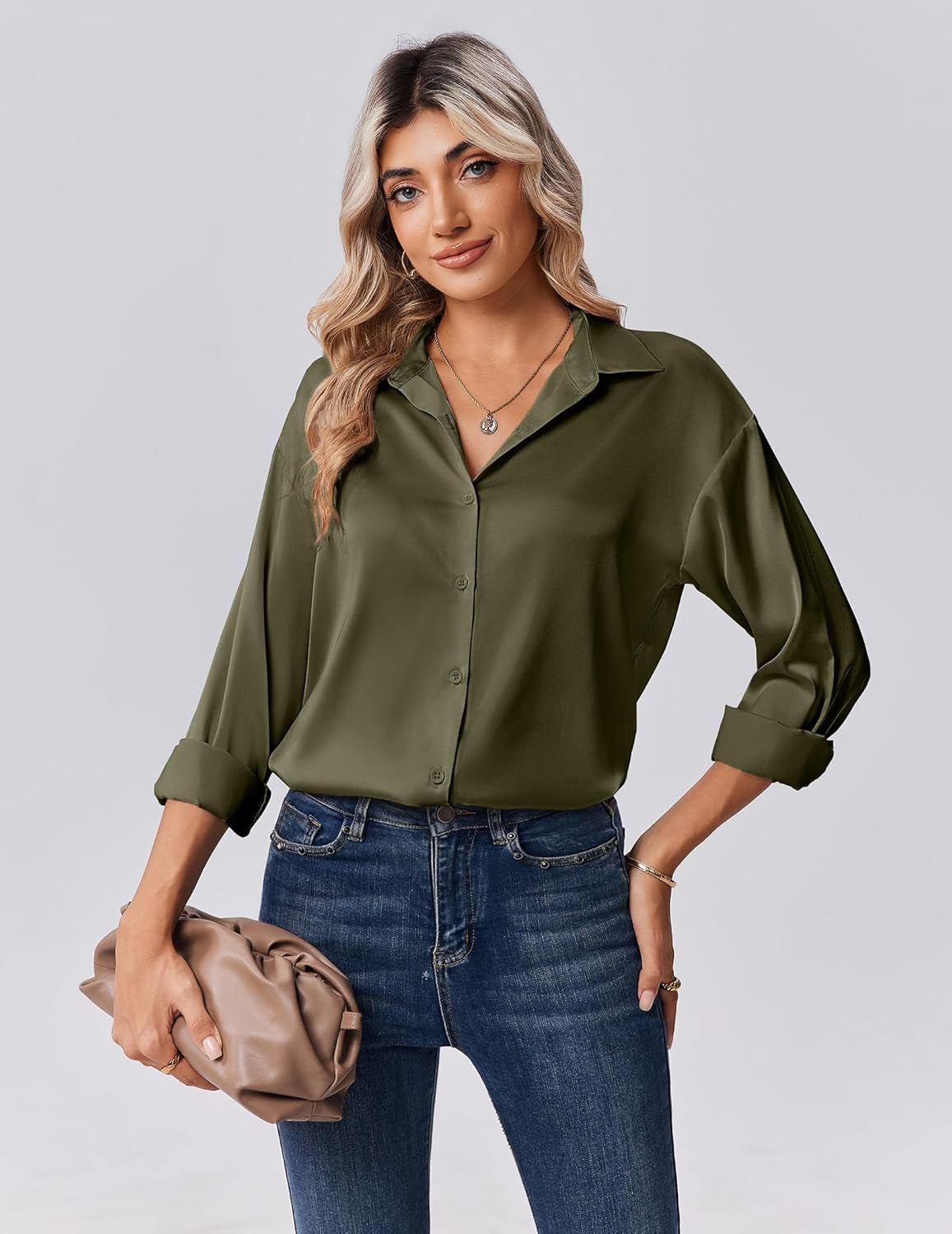 Womens Tops Long Sleeve Satin Silk Button down Shirts Casual Business Dressy Blouses Fall Clothes