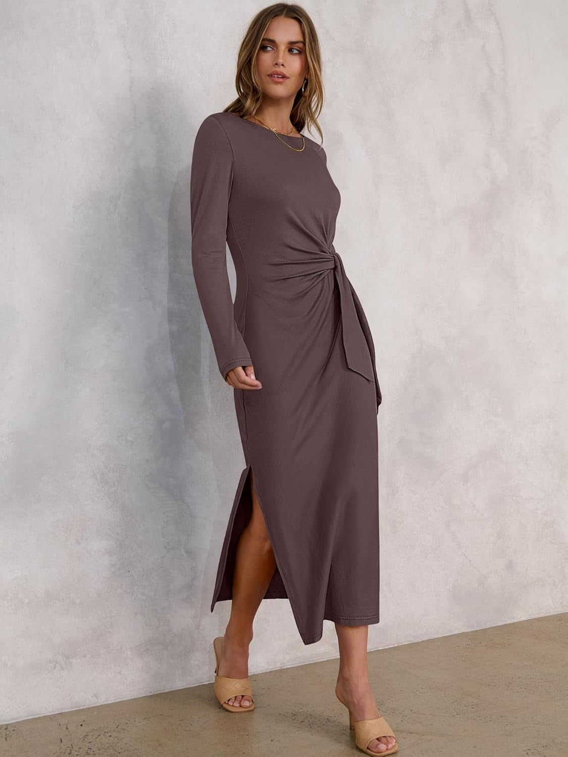 Womens 2025 Fall Long Sleeve Maxi Dress Crewneck Tie Waist Slit Casual Long T Shirt Dresses Winter Trendy Outfits