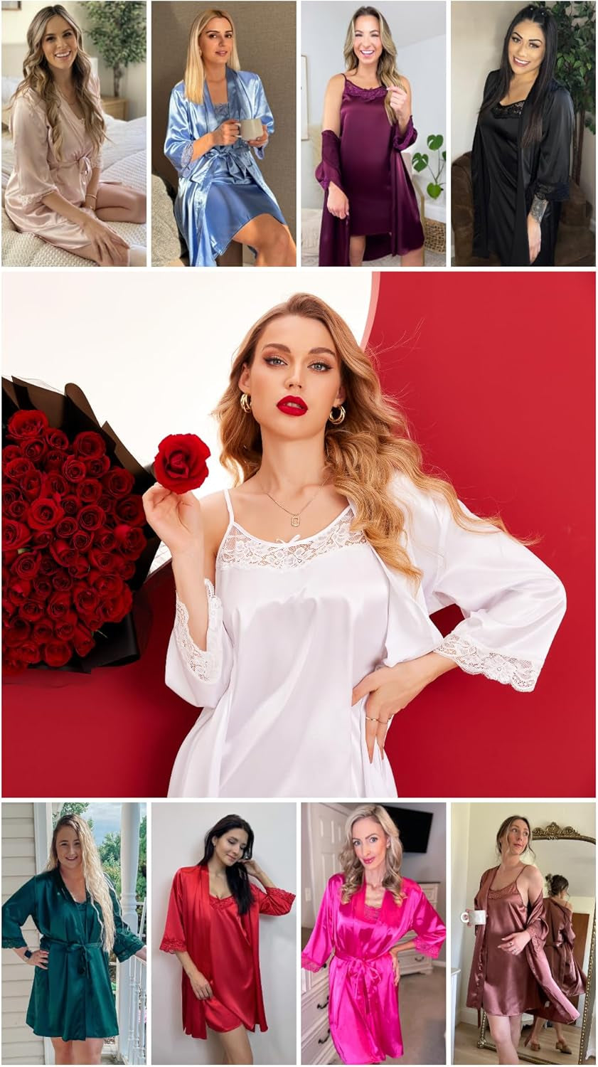 Sleepwear Women'S Satin Nightgown with Robes Set 2 Piece Sexy Lace Cami Nightwear