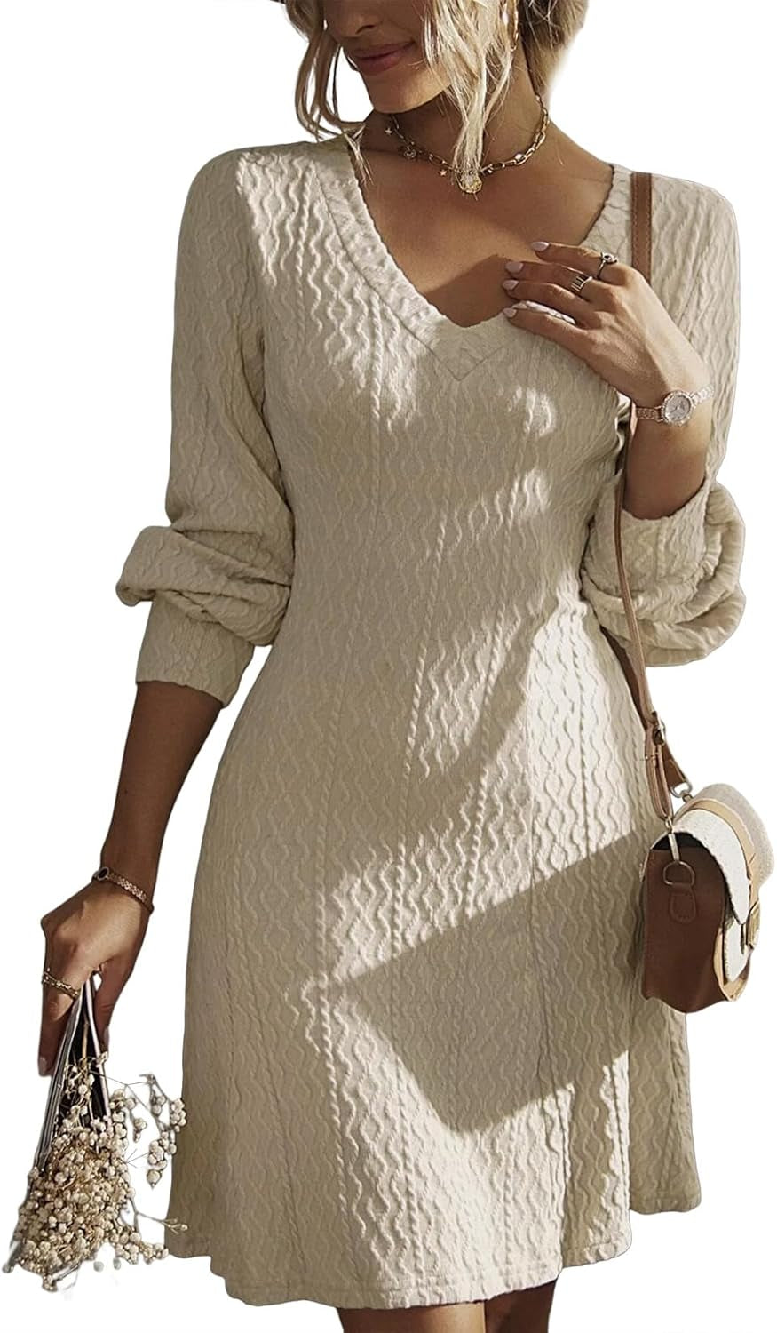 Fall Wedding Guest Dresses for Women 2025 Trendy V Neck Knit a Line Long Sleeve Dress Sweater Dress
