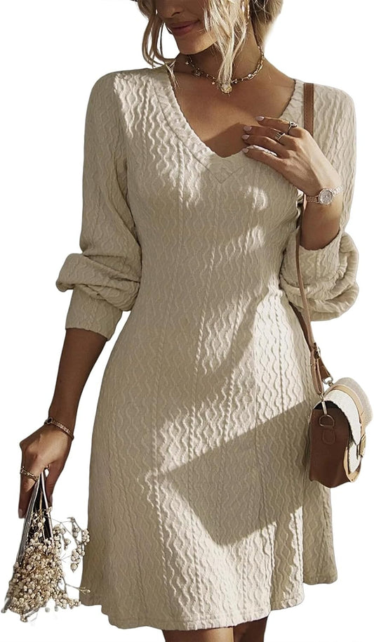 Fall Wedding Guest Dresses for Women 2025 Trendy V Neck Knit a Line Long Sleeve Dress Sweater Dress