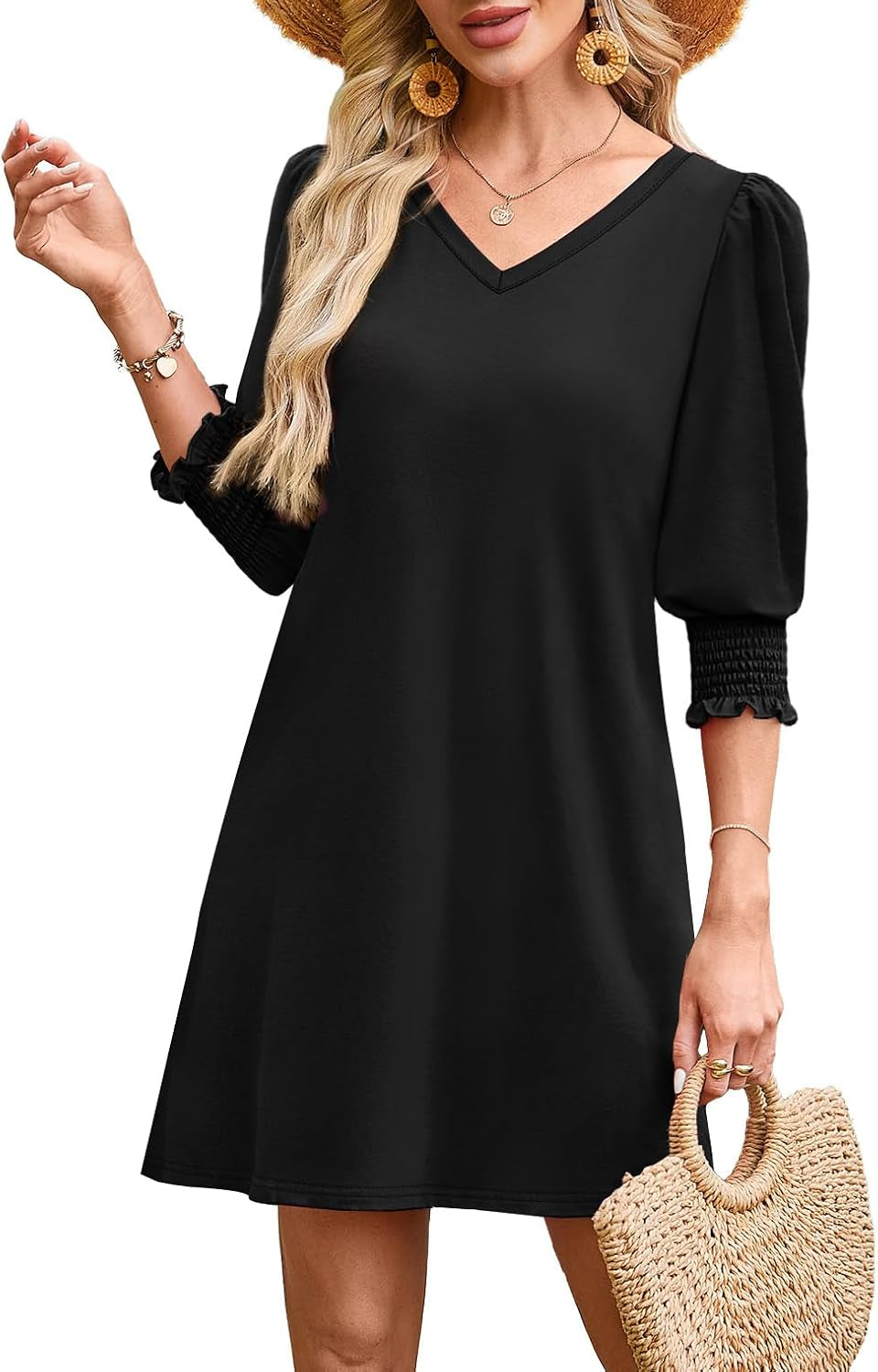 Women'S Summer Dresses 3/4 Puff Sleeve Casual Sundress Dress with Pockets Beach Vacation 2025 Fashion