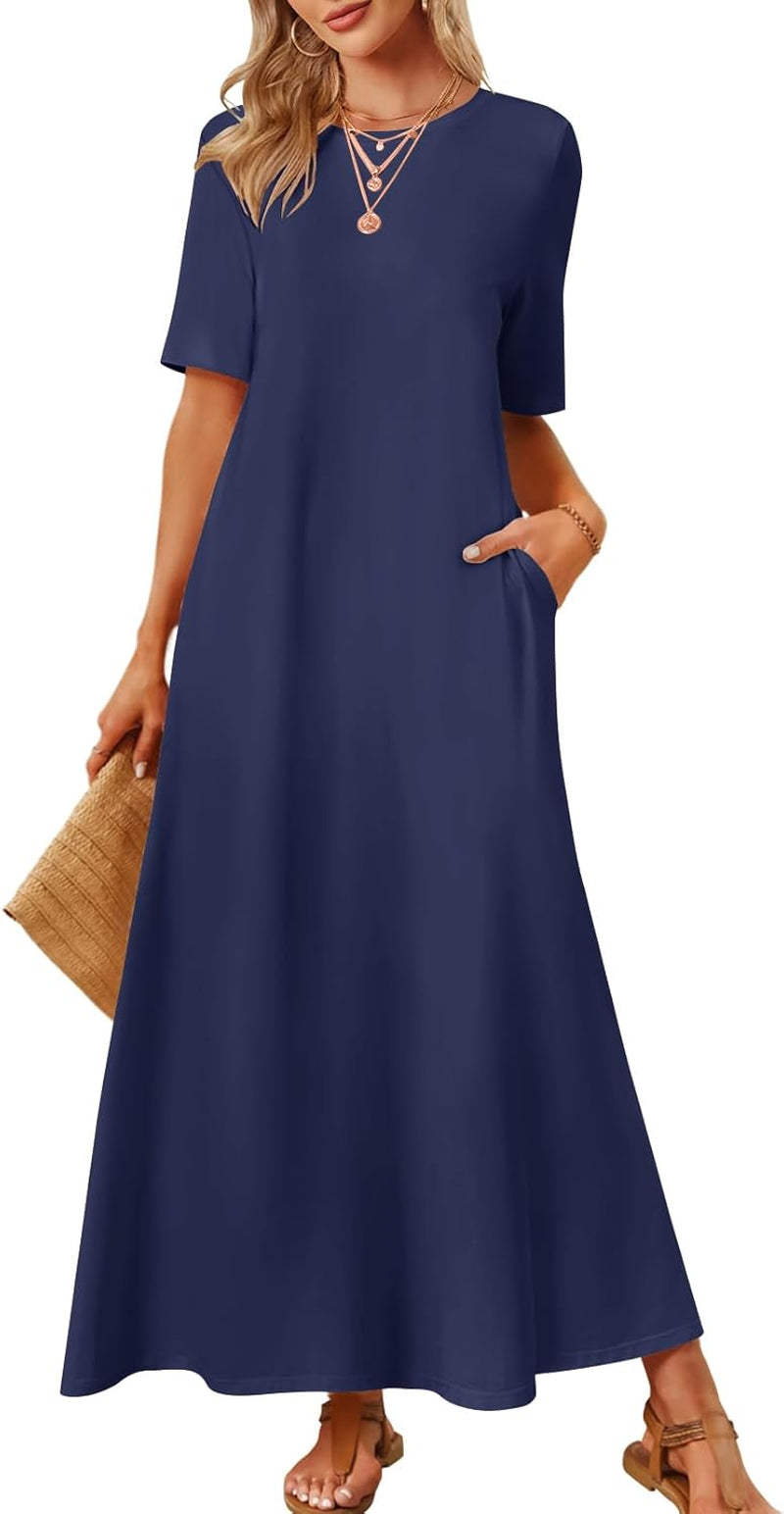 Women'S 2025 Summer Maxi Dress Casual Short Sleeve Beach Vacation Crewneck Basic Long T Shirt Dresses