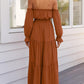 Women'S 2025 Boho Sexy off Shoulder Long Sleeve Smocked High Waist Side Split Flowy a Line Tiered Long Maxi Dress