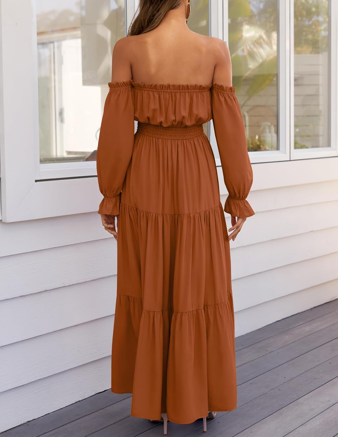 Women'S 2025 Boho Sexy off Shoulder Long Sleeve Smocked High Waist Side Split Flowy a Line Tiered Long Maxi Dress