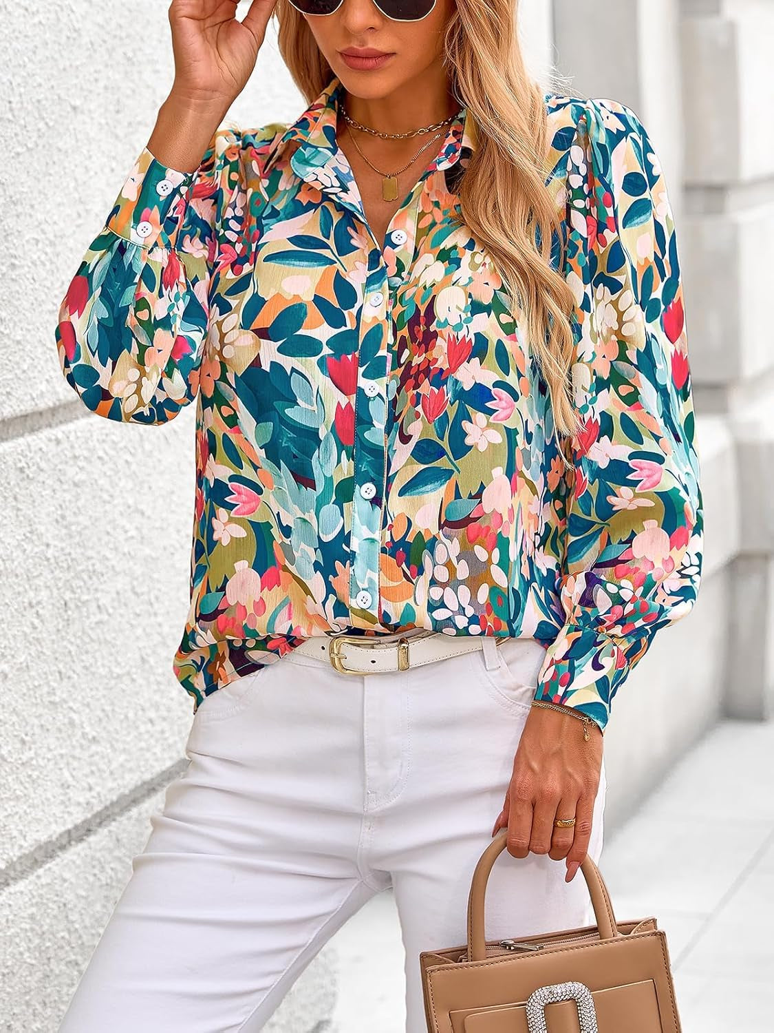 Women'S Floral Blouses Dressy Casual V Neck Button down Shirts Lantern Long Sleeve Boho Chiffon Fall Tops 2025