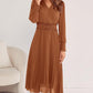 Womens Wrap V Neck Fall Dresses Wedding Guest Casual Pleated Long Sleeve Midi Dress Ruffle Smocked Long Dress