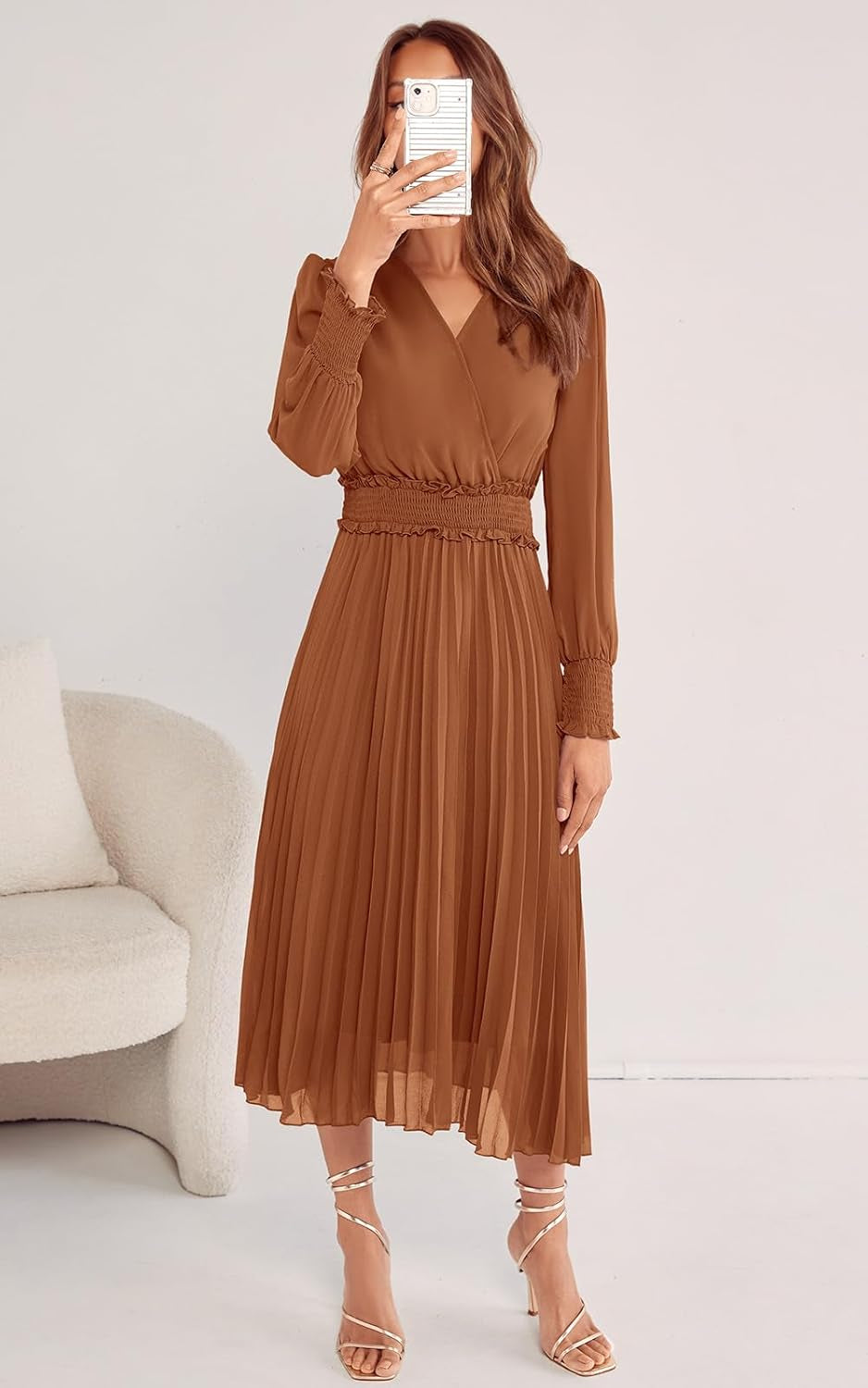 Womens Wrap V Neck Fall Dresses Wedding Guest Casual Pleated Long Sleeve Midi Dress Ruffle Smocked Long Dress
