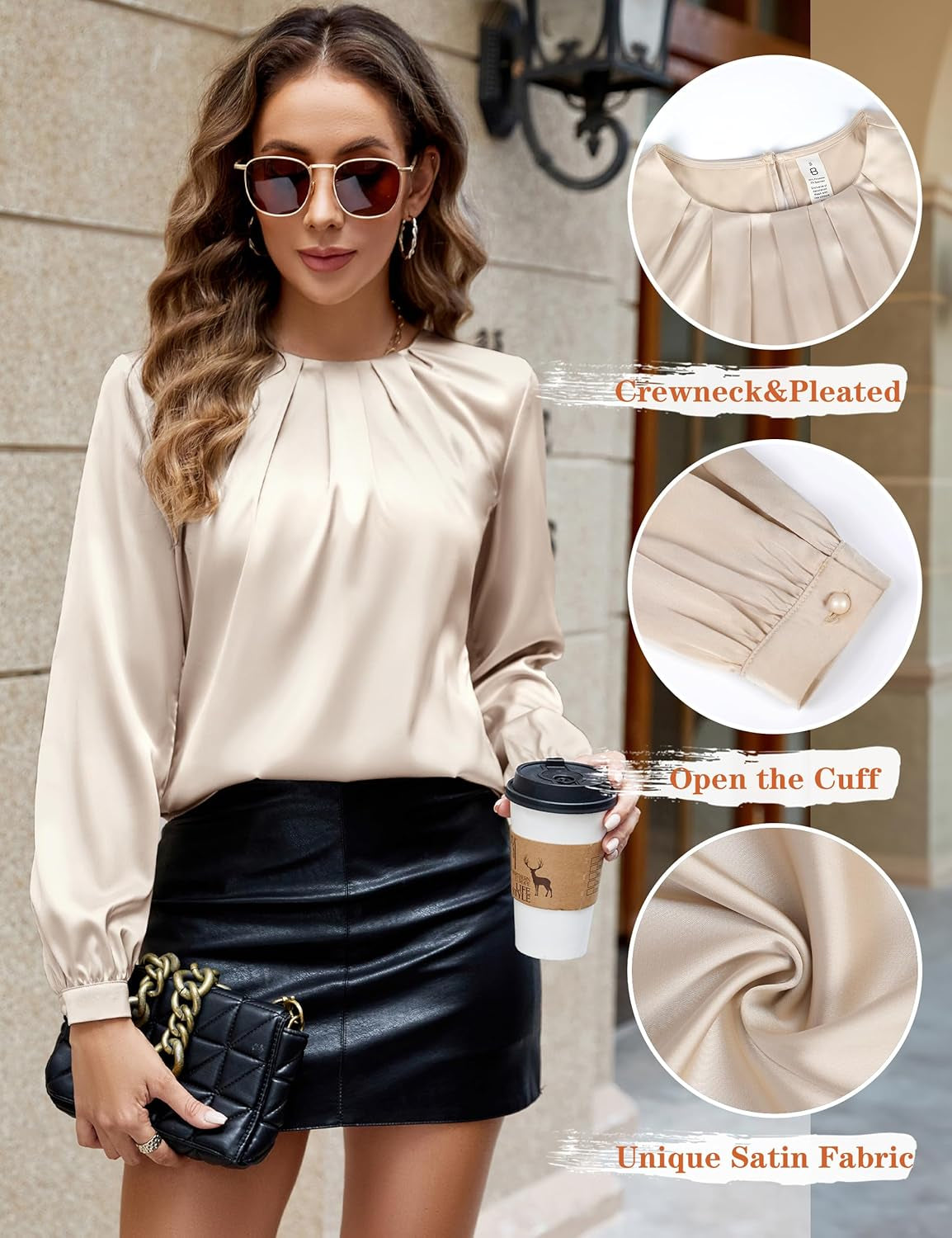Womens Dressy Business Casual Blouse Pleated Long Sleeve Tops Satin Silk Work Shirt Fall Outfits 2025
