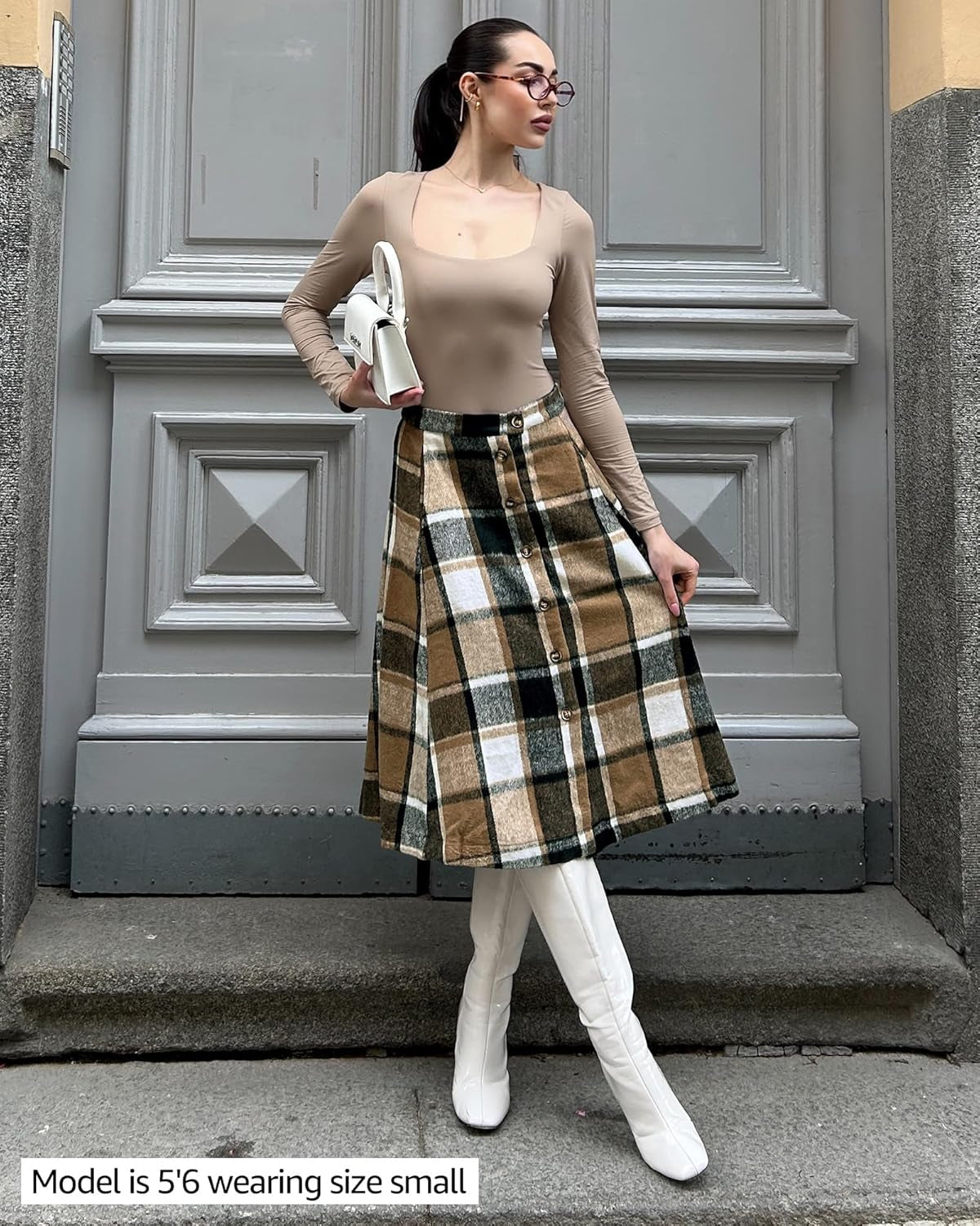 Plaid Skirts for Women Midi Length High Waisted Button down a Line Fall Winter Elastic Waist Skirt with Pockets
