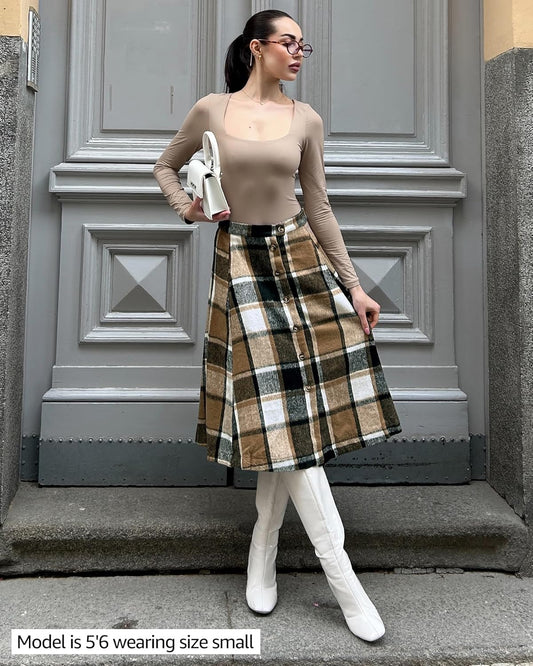 Plaid Skirts for Women Midi Length High Waisted Button down a Line Fall Winter Elastic Waist Skirt with Pockets