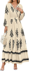 Women'S 2025 Fall Wedding Guest Dresses Boho Floral Long Sleeve V Neck Flowy Elegant Maxi Dress Beach Clothes