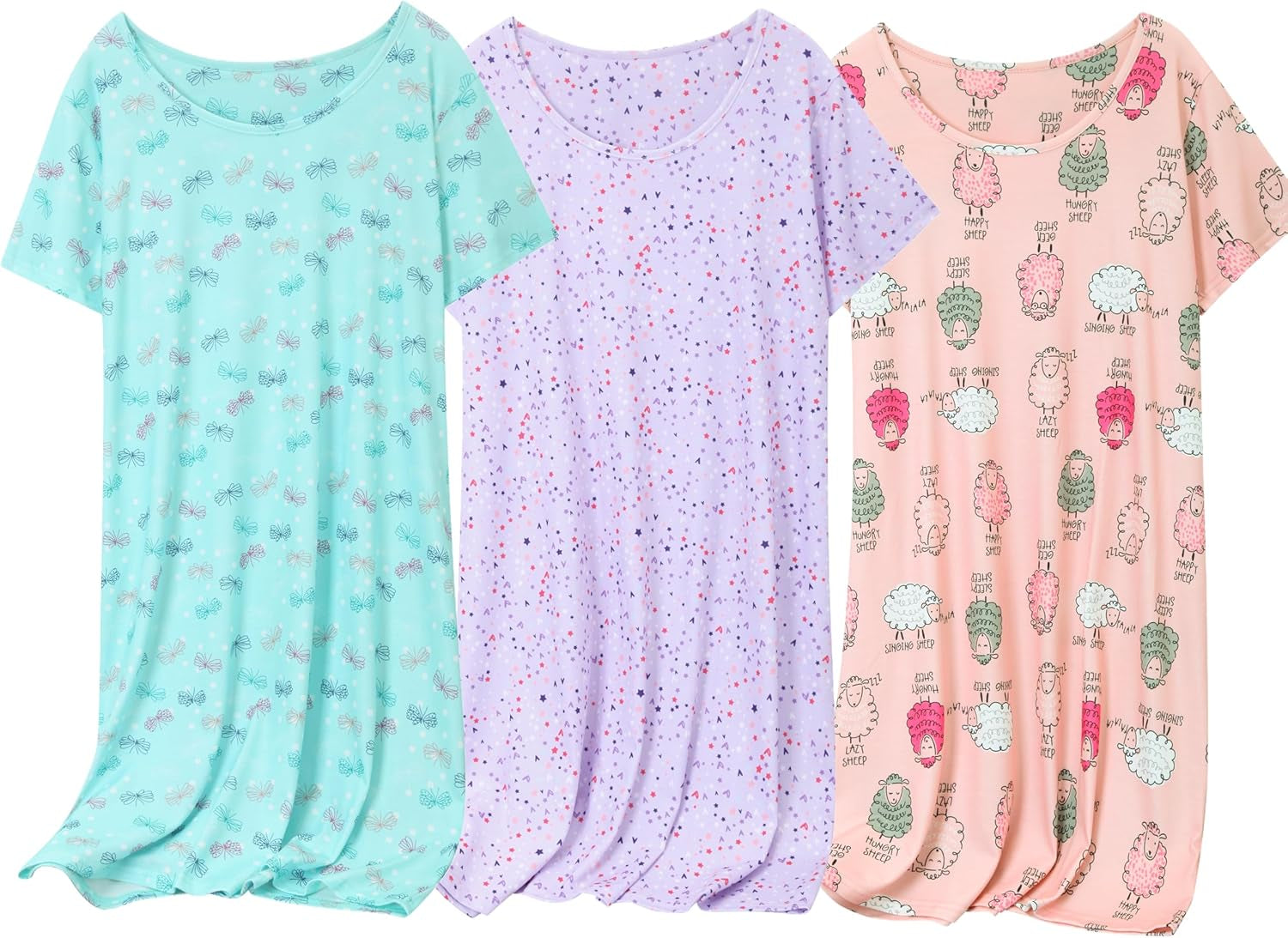 3 Pack Women'S Cotton Nightgown Sleepwear Short Sleeve Sleepshirt Casual Print Sleepdress Cotton Sleepwear，S-3Xl