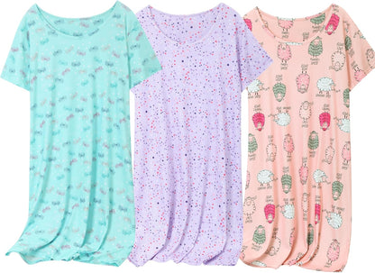 3 Pack Women'S Cotton Nightgown Sleepwear Short Sleeve Sleepshirt Casual Print Sleepdress Cotton Sleepwear，S-3Xl