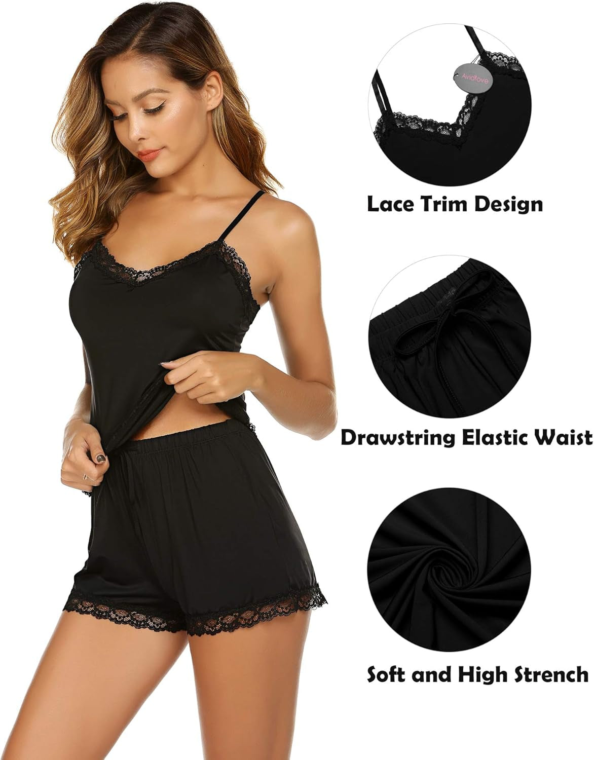 Women Cami Pajama Set Modal Sleepwear Lace Trim Short PJ Set with Shorts