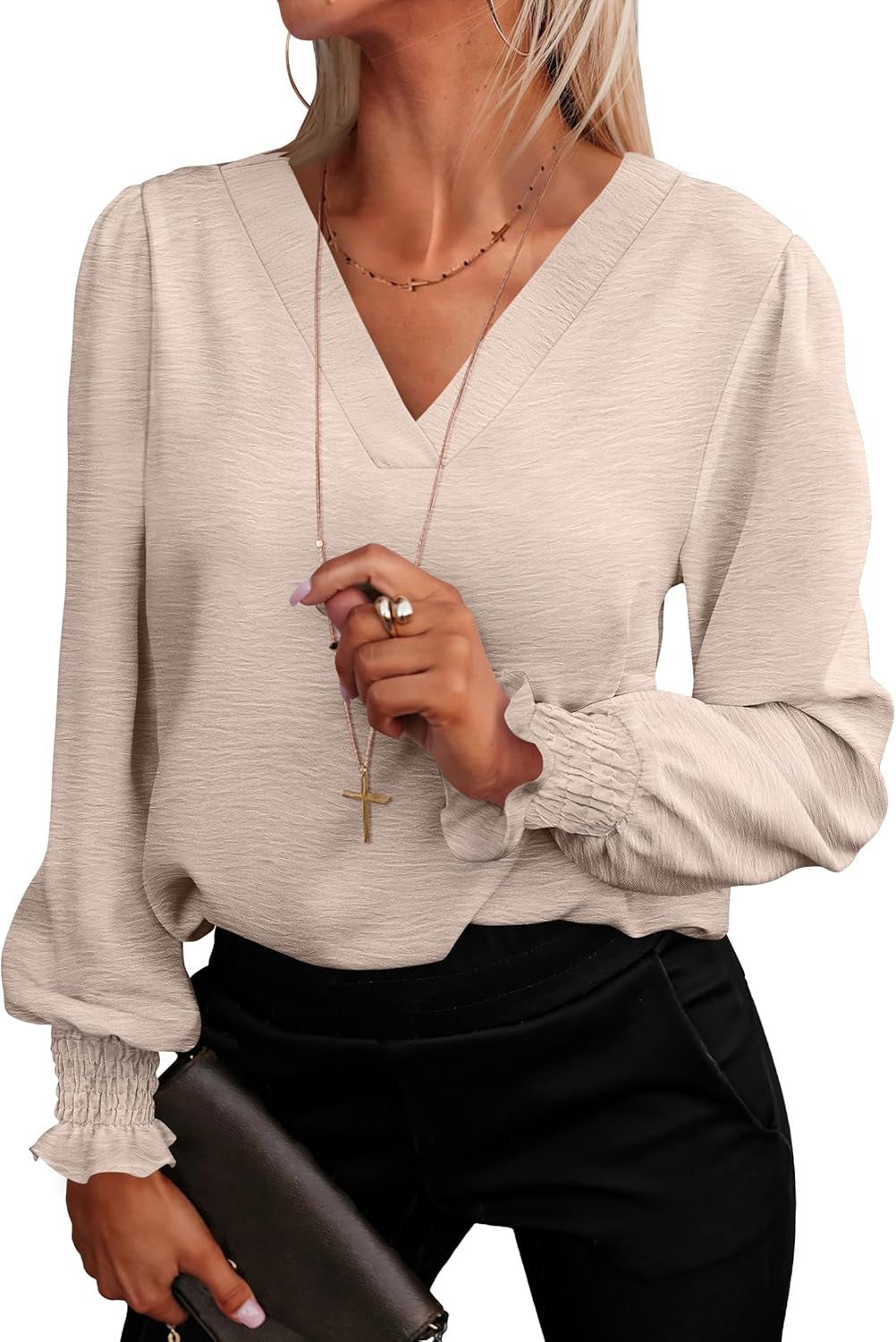 Women'S Business Casual Tops V Neck Puff Long Sleeve Shirts Dressy Office Work Blouse 2025 Fall Outfits Clothes