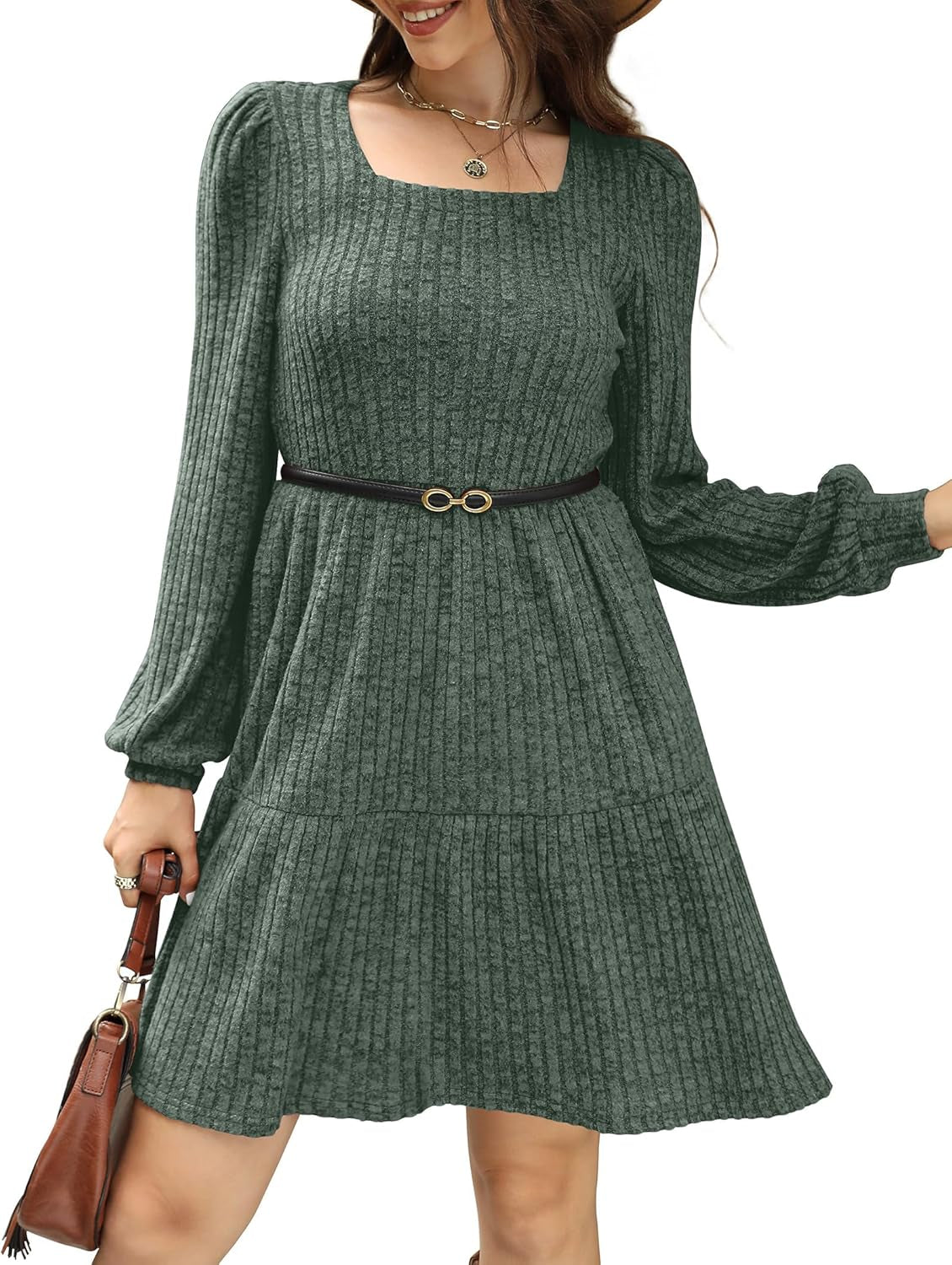 Womens Square Neck Long Sleeve Fall Dresses Casual Babydoll Sweater Dress