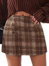 Womens Faux Wool Plaid Mini Skirt Elastic High Waisted Tweed Skirts Button Bodycon Skirt Fall Winter Outfit Pocket