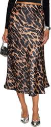 Women'S Silk Satin Midi Skirt Elastic High Waisted A-Line Cheetah Print Leopard Long Skirts for Women Trendy