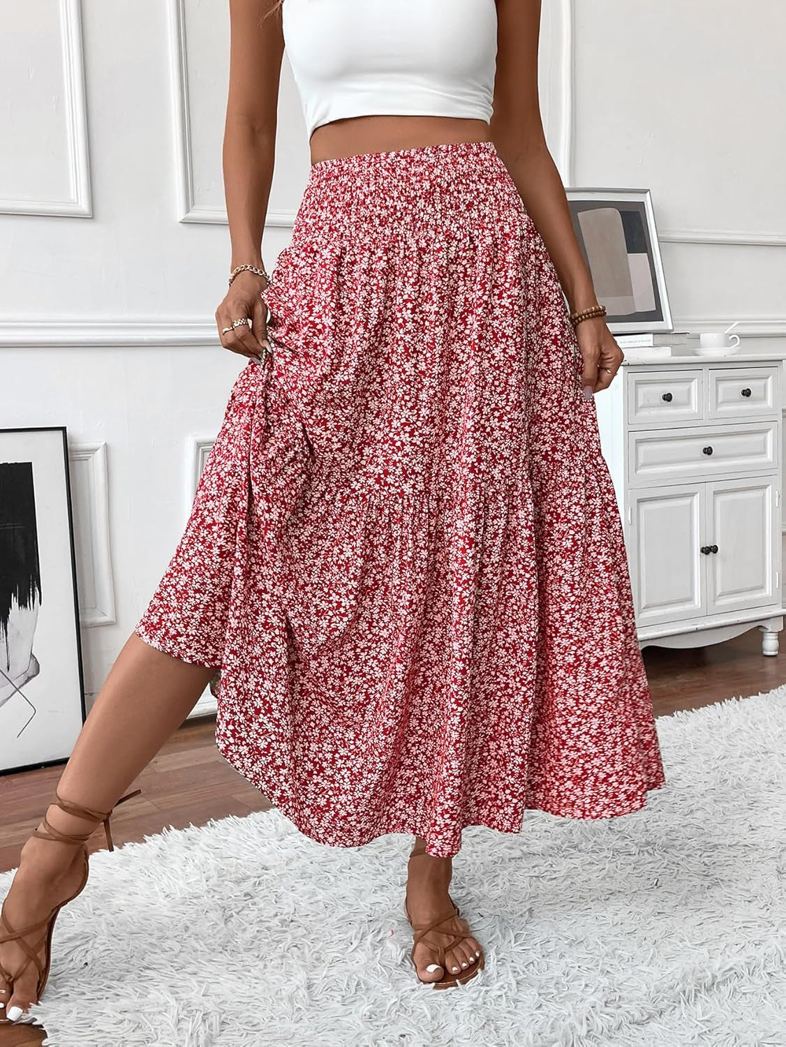 Women'S Smocked High Waist Maxi Skirt Casual Boho Long Skirts with Pockets