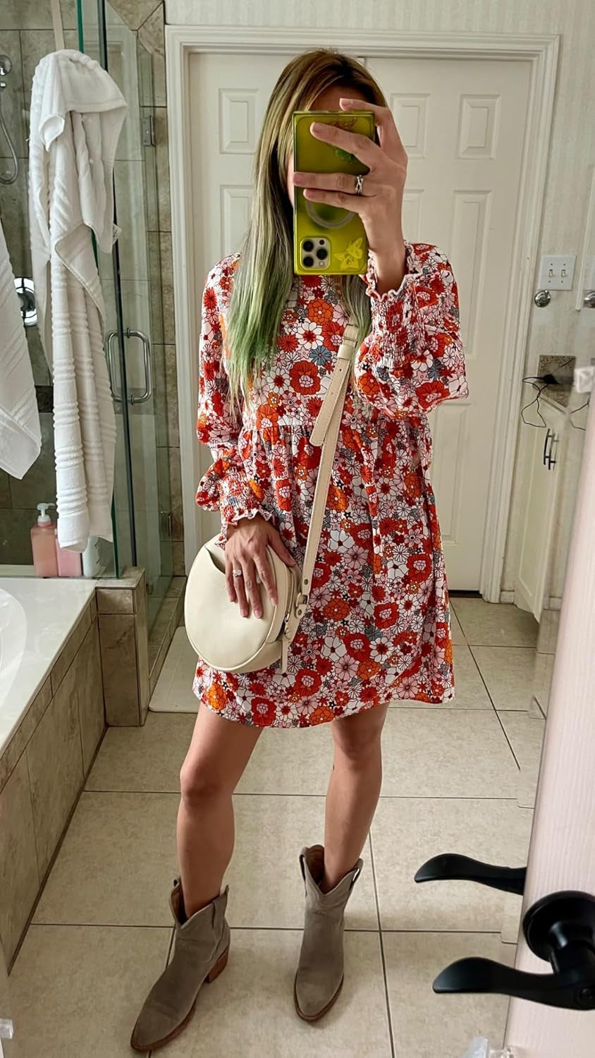 Fall Dresses for Women 2025 Floral Flowy Boho Dresses Long Sleeve Empire Waist Babydoll Mini Dress