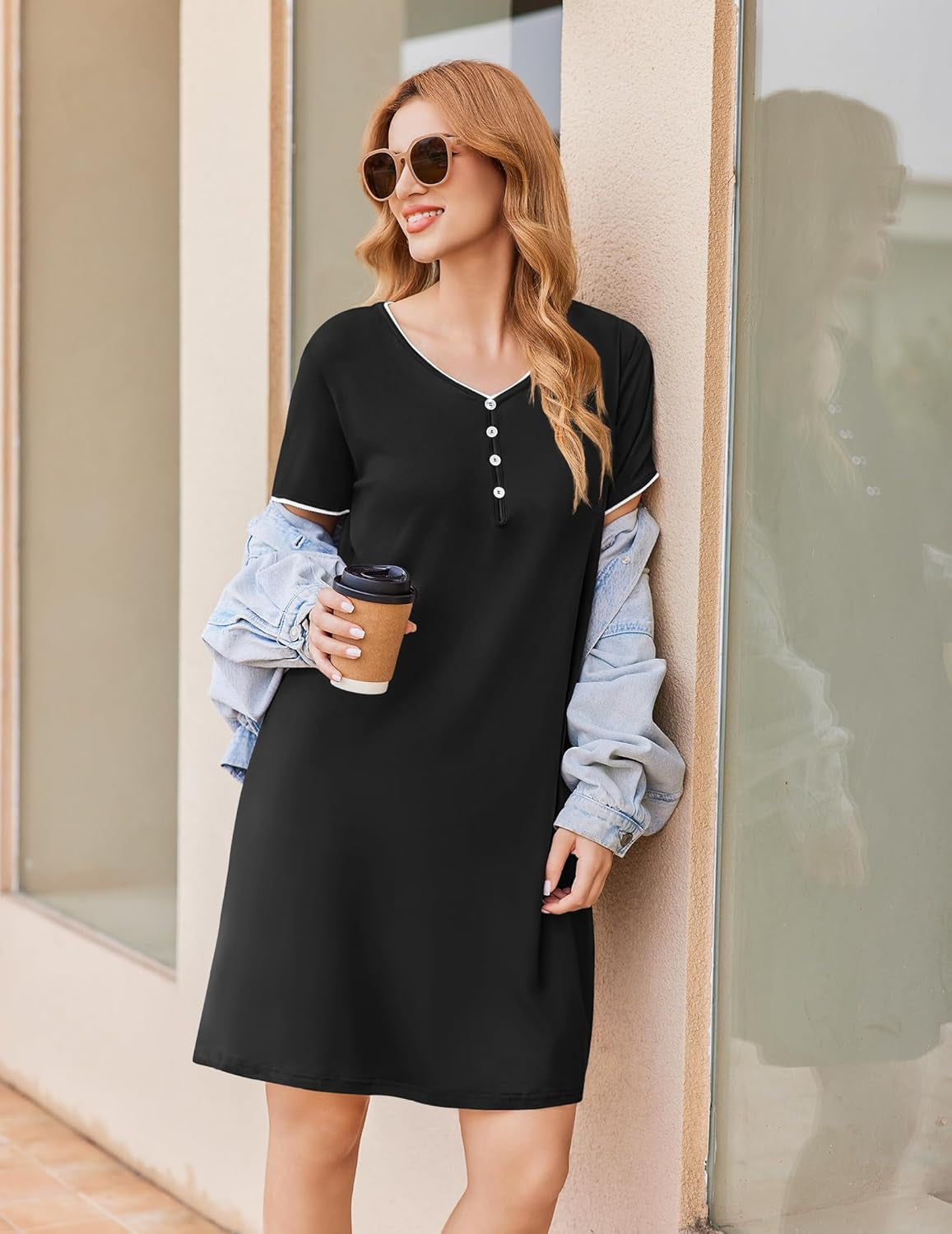 Sleep Shirts for Women Nightgown Short Sleeve Night Shirts V Neck Casual Print Sleepwear Dress S-2XL