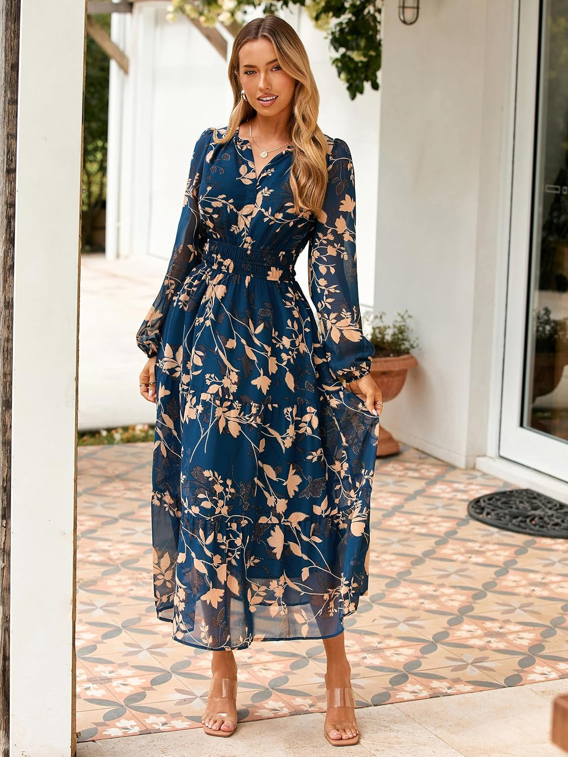 Women'S Floral Boho Long Sleeve Maxi Dress V Neck Empire Waist Swing Flowy Wedding Guest Dress